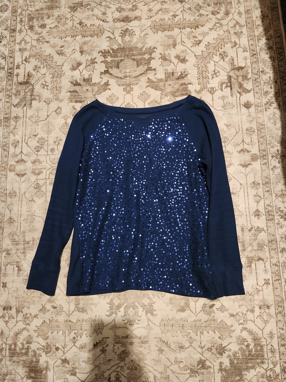 Chaps Navy Sequin Raglan Pullover Top
